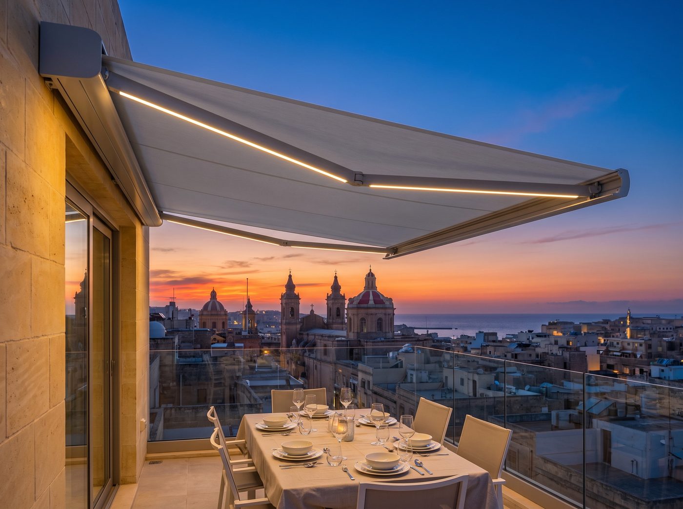 A grey cassette awning with LED lights in the arms over a dinner table on a roof terrace at dusk. Illustrative image