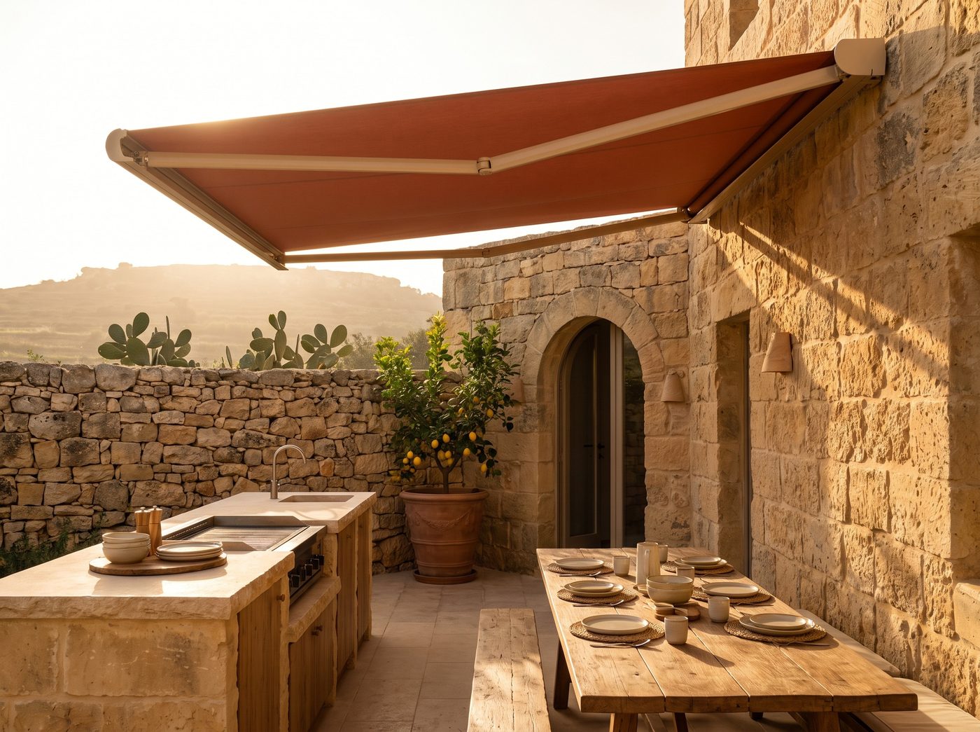 A terracotta cassette awning over an outdoor kitchen and table in a Gozo farmhouse courtyard. Illustrative image