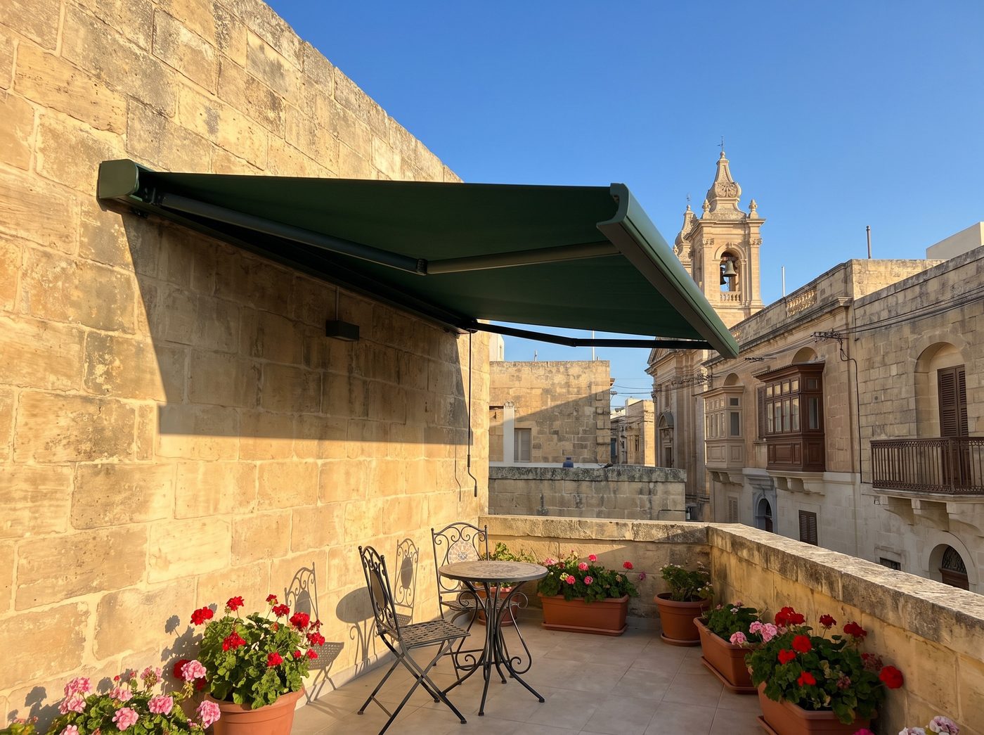 A dark green cassette awning over a small roof terrace with geraniums in Rabat, a church bell tower beyond. Illustrative image
