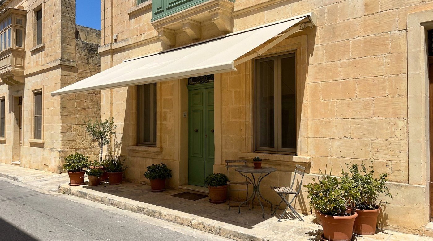 A cream cassette awning extended over the front of a Maltese limestone townhouse, shading a small table and potted plants