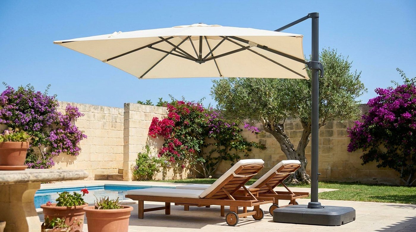A cream side-pole parasol shading two sun loungers beside a pool in a limestone villa garden
