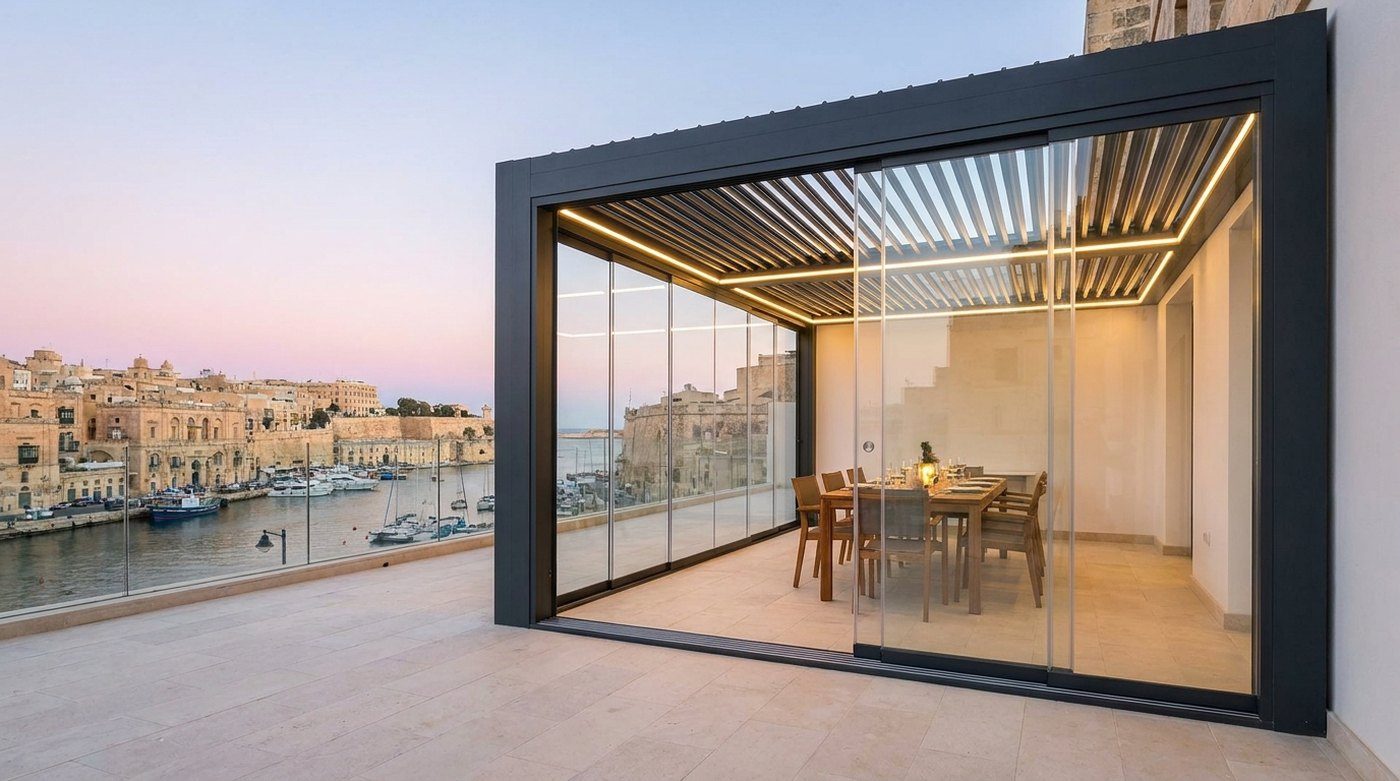 A grey louvred pergola closed in with sliding glass on a harbour-view terrace, warm LED light along the frame in the early evening