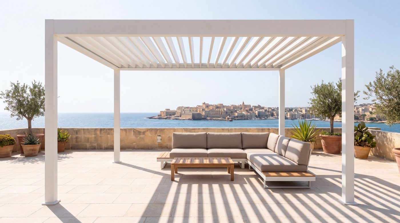 A white louvred pergola on a pale limestone roof terrace, striped shade falling on an outdoor sofa, the sea and an old limestone town beyond