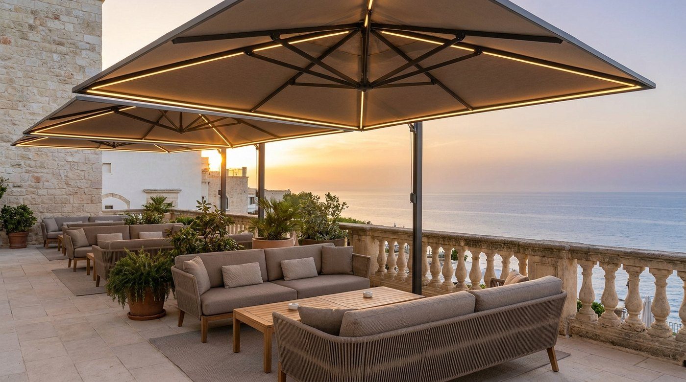 Square parasols with LED strip lighting in the ribs over outdoor sofas on a hotel sea terrace at golden hour