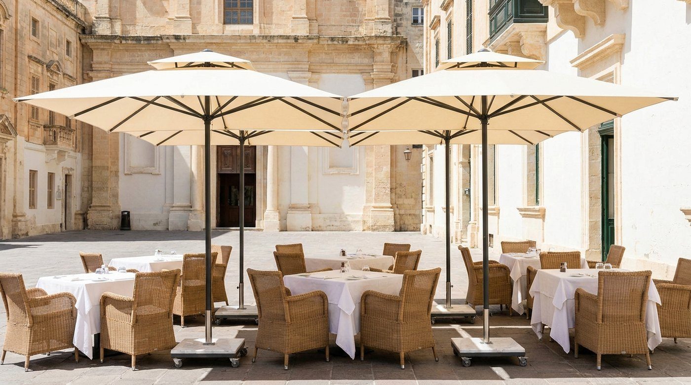 Large square cream parasols on central poles over laid restaurant tables in a sunny baroque limestone square