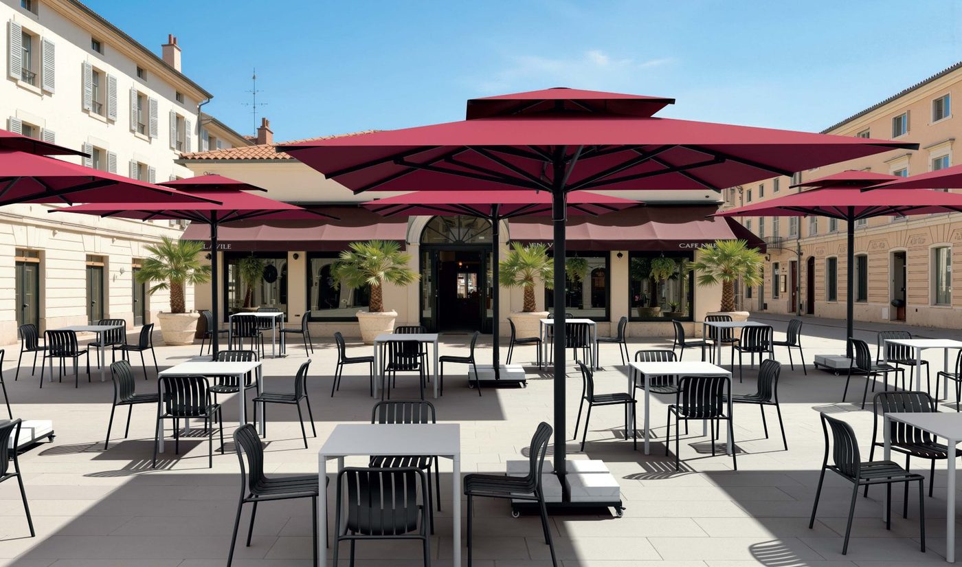 Large square burgundy parasols over café tables in a sunny town square lined with pale stone buildings