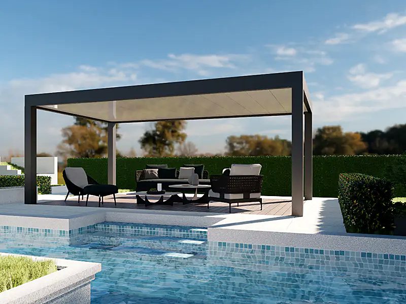 A dark louvred pergola over outdoor seating at the end of a pool